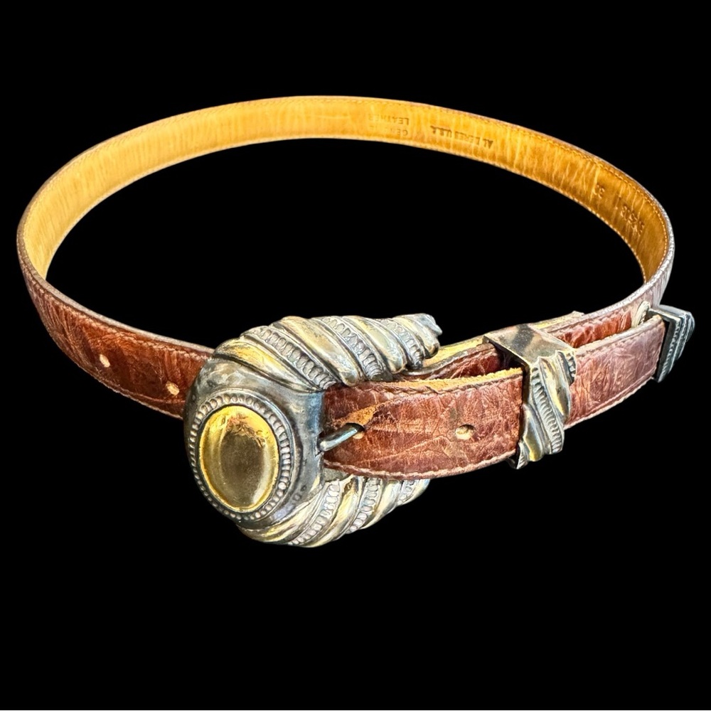 Vintage Al Beres Brown Textured Leather Belt Silverplate & Brass Buckle